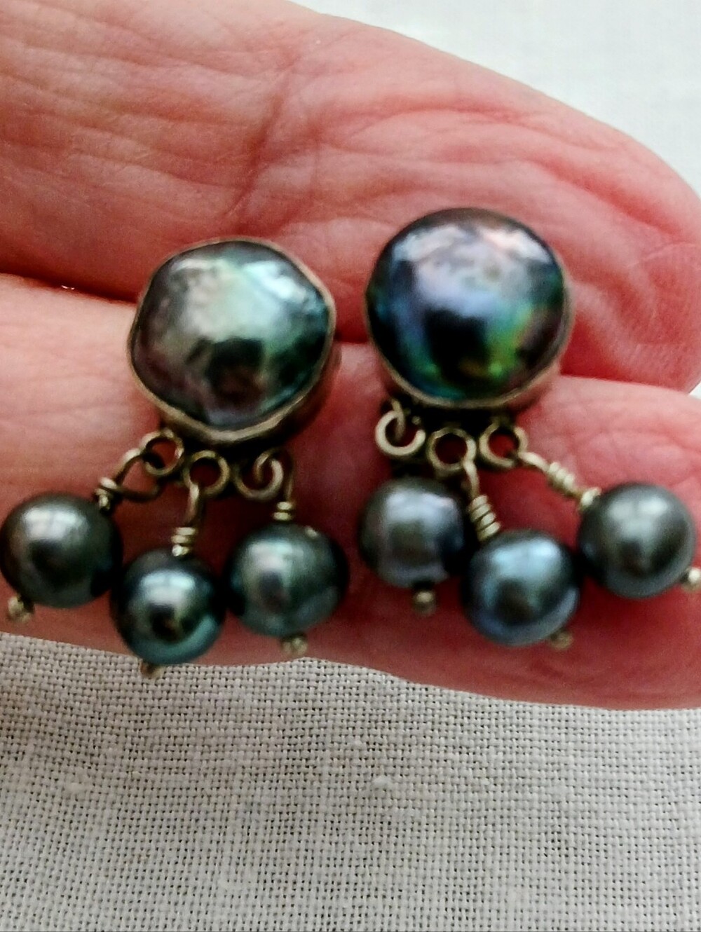 Elegant Black Peacock Pearl Drop Earrings Set in Sterling Silver